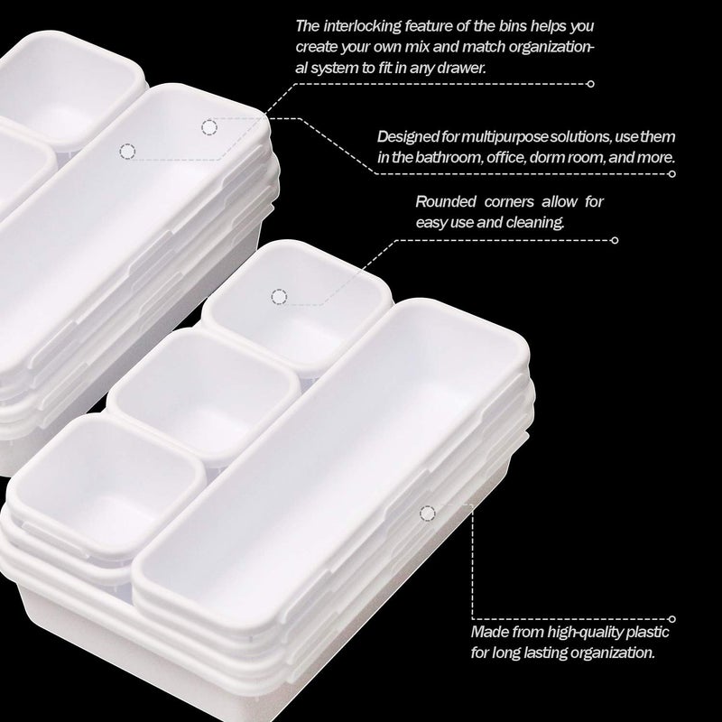 TENABORT Set of 22 Interlocking Desk Drawer Organizer Tray Dividers Plastic Shallow Narrow Drawers Organizers Separators Storage Bins Container for Kitchen Bathroom Makeup Office Vanity Bedroom Dresser White - Image 4